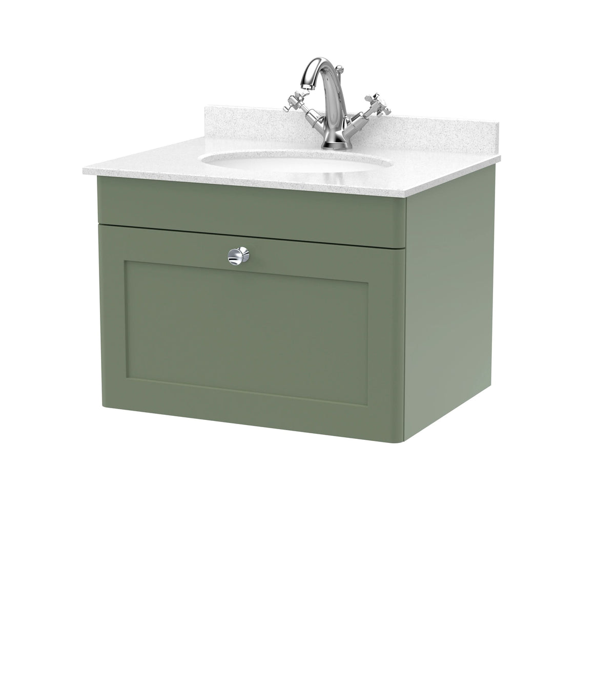 Nuie Classique Wall Hung 1 Drawer Vanity Unit & 1 Tap Hole White Marble Top with Oval Basin, Stylish Sink Vanity Unit in Satin Green with White Basin, 600mm