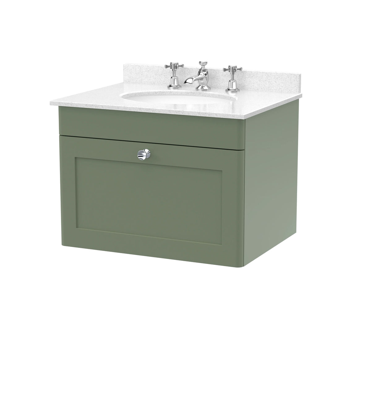 Nuie Classique Wall Hung 1 Drawer Vanity Unit & 3 Tap Hole White Marble Top with Oval Basin, Stylish Sink Vanity Unit in Satin Green with White Basin, 600mm