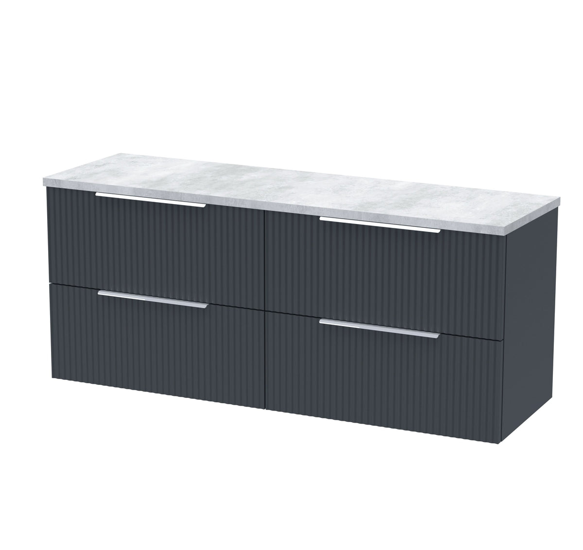 Hudson Reed Fluted Wall Hung 4-Drawer Vanity Unit & Bellato Grey Laminate Worktop, Sleek Counter Top Vanity Unit in Soft Black, 1200mm