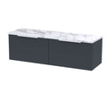 Hudson Reed Fluted Wall Hung 2-Drawer Vanity Unit & Carrera Marble Laminate Worktop, Counter Top Vanity Unit in Soft Black, 1200mm