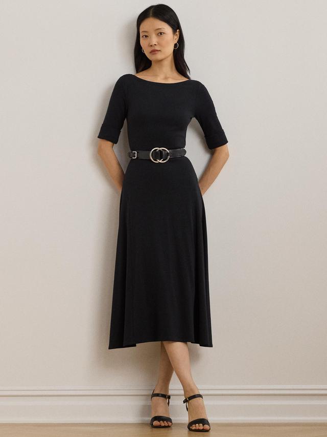 Ralph Lauren Munzie Women's Rib Knit Stretch Cotton Midi Dress Medium Black