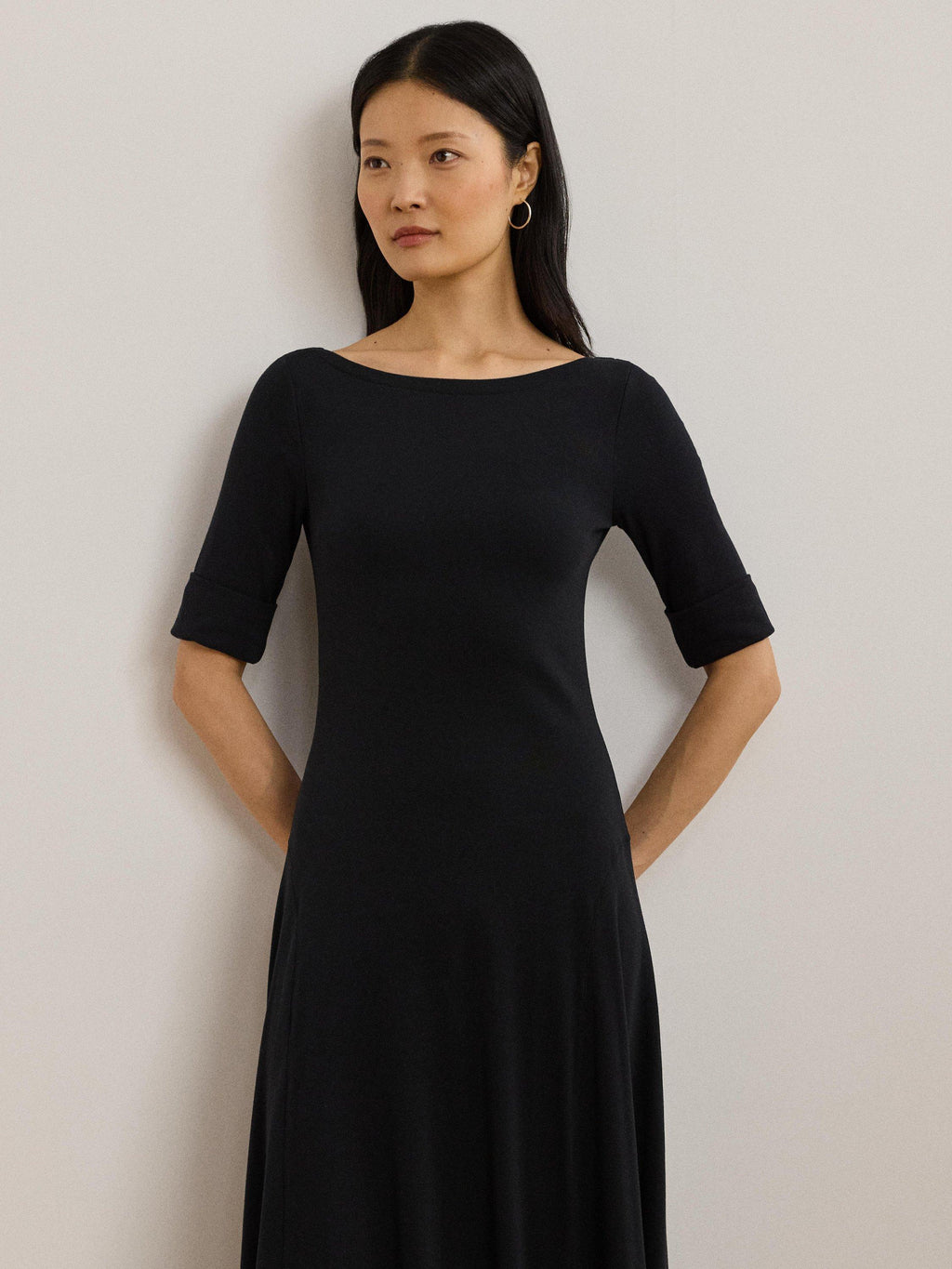 Ralph Lauren Munzie Women's Rib Knit Stretch Cotton Midi Dress Medium Black