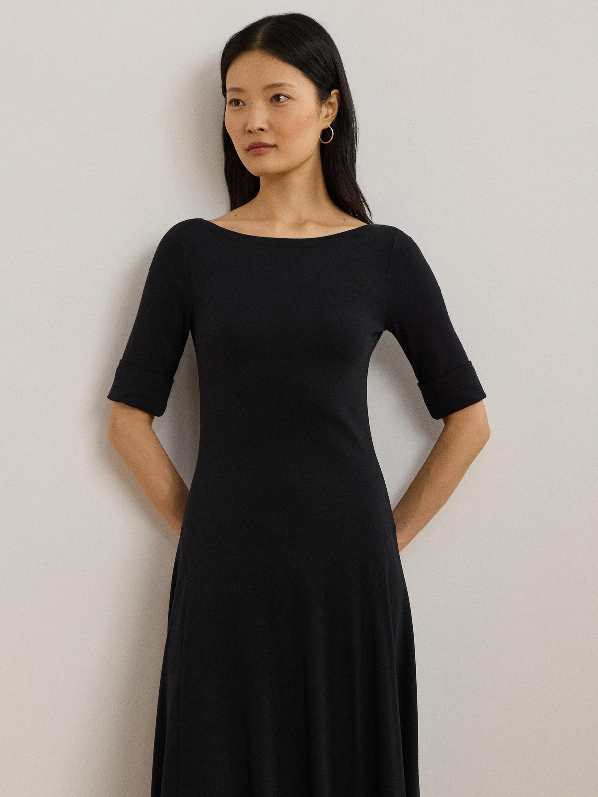 Ralph Lauren Munzie Women's Rib Knit Stretch Cotton Midi Dress Medium Black