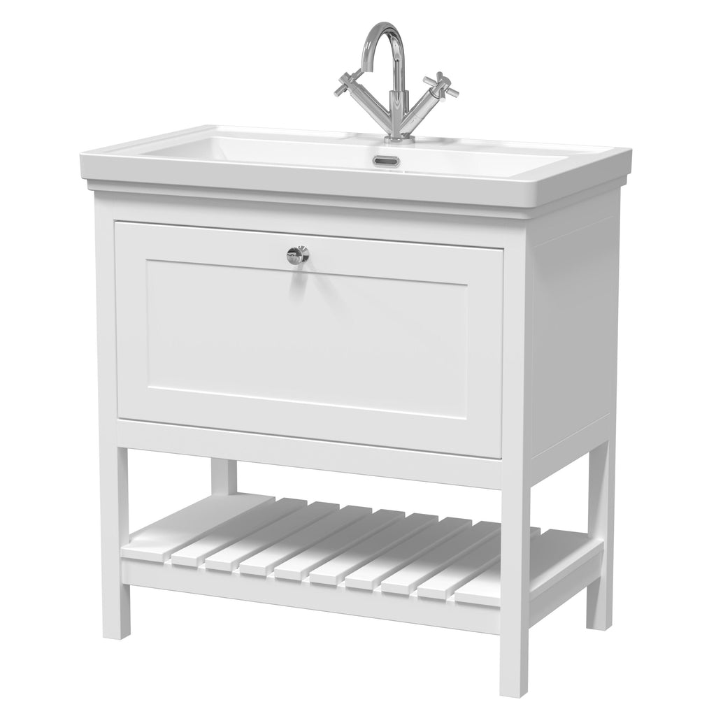 Old London Bexley Floor Standing 1 Drawer Vanity & 1 Tap Hole Fireclay Basin, Stylish Vanity Unit with Basin, Pure White, 800mm