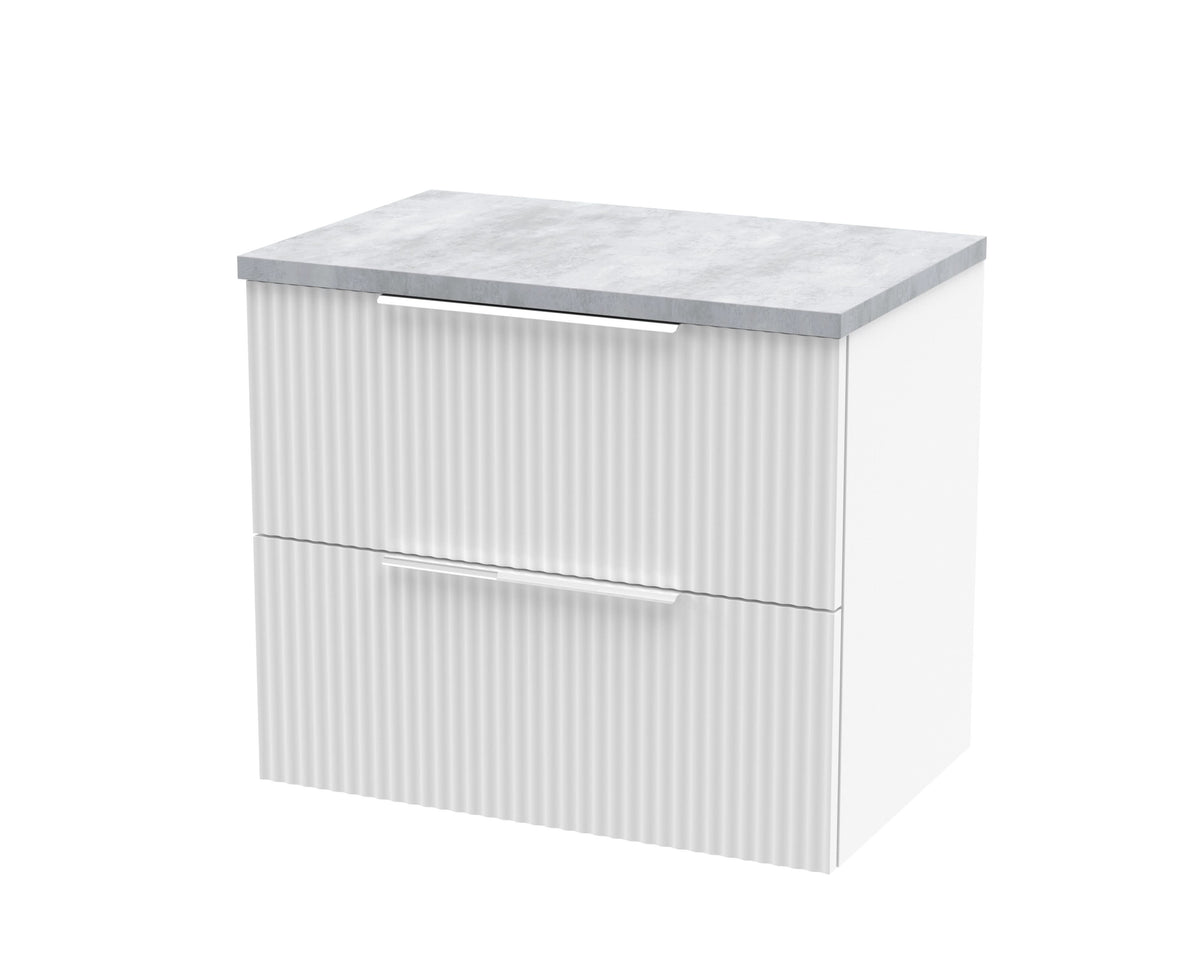 Hudson Reed Fluted Wall Hung 2-Drawer Vanity Unit & Bellato Grey Laminate Worktop, Counter Top Vanity Unit in Satin White, 600mm