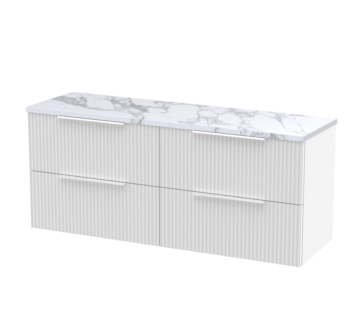 Hudson Reed Fluted Wall Hung 4-Drawer Vanity Unit & Carrera Marble Laminate Worktop, Counter Top Vanity Unit in Satin White, 1200mm