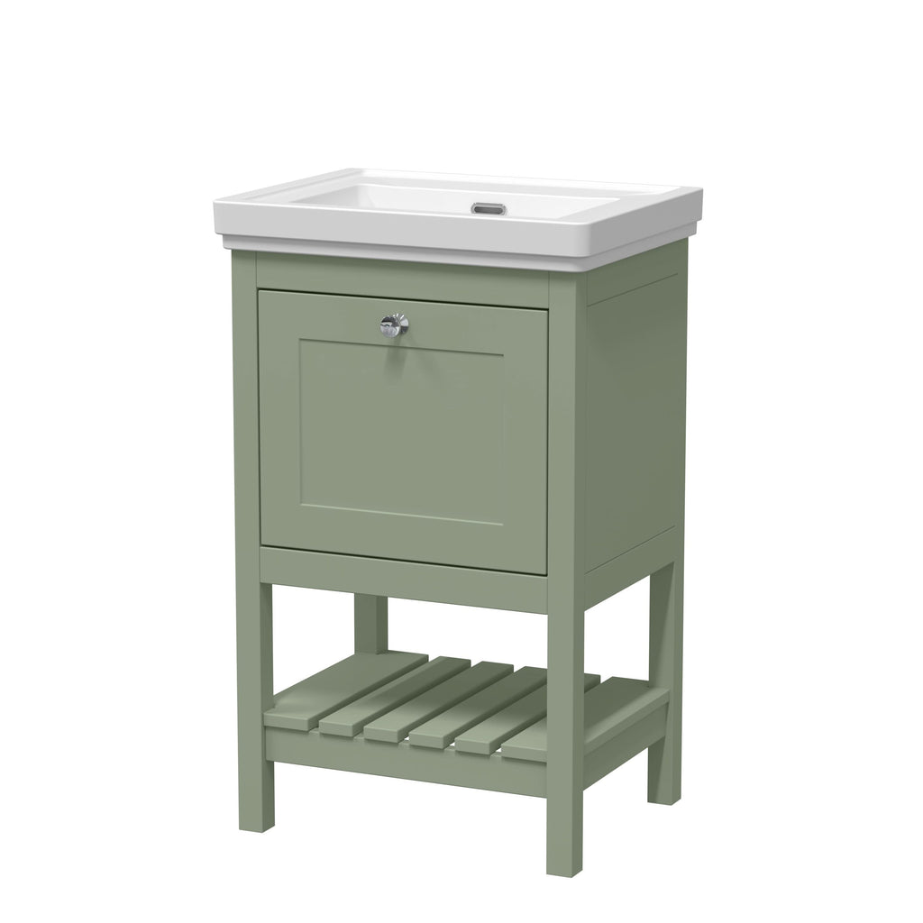 Old London Bexley Floor Standing 1 Drawer Vanity without Tap Hole Fireclay Basin, Stylish Vanity Unit with Basin, Fern Green, 500mm