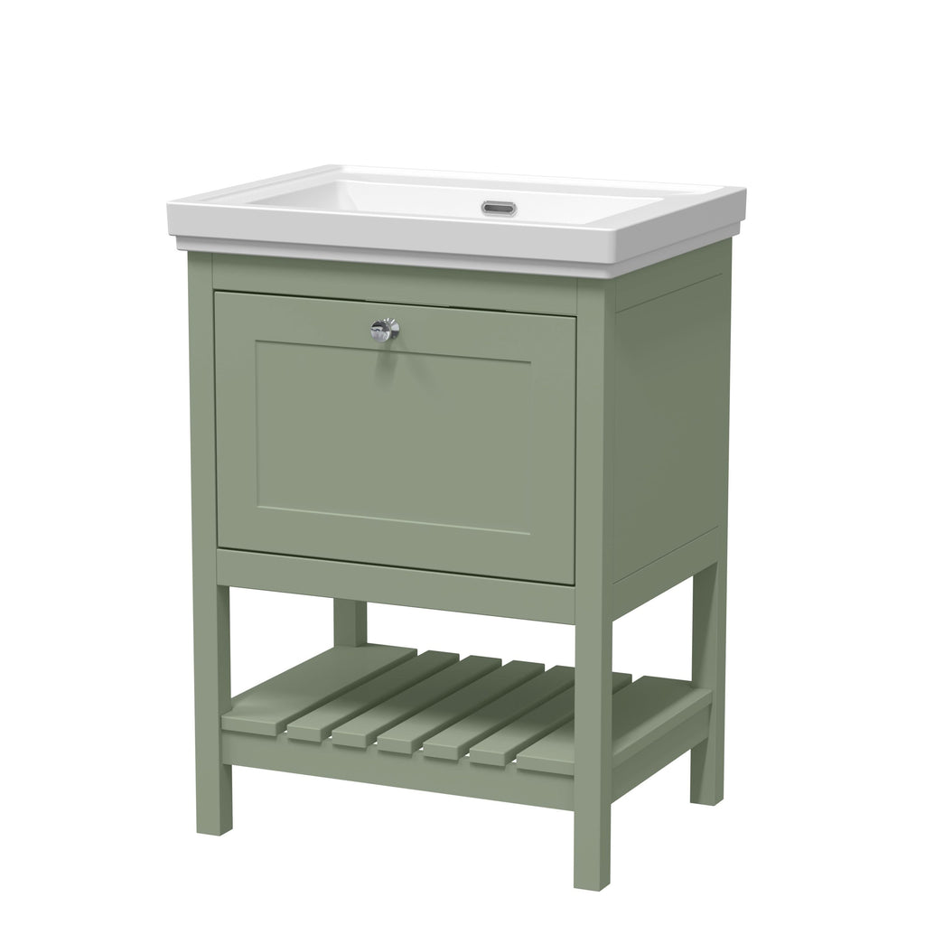 Old London Bexley Floor Standing 1 Drawer Vanity without Tap Hole Fireclay Basin, Stylish Vanity Unit with Basin, Fern Green, 600mm