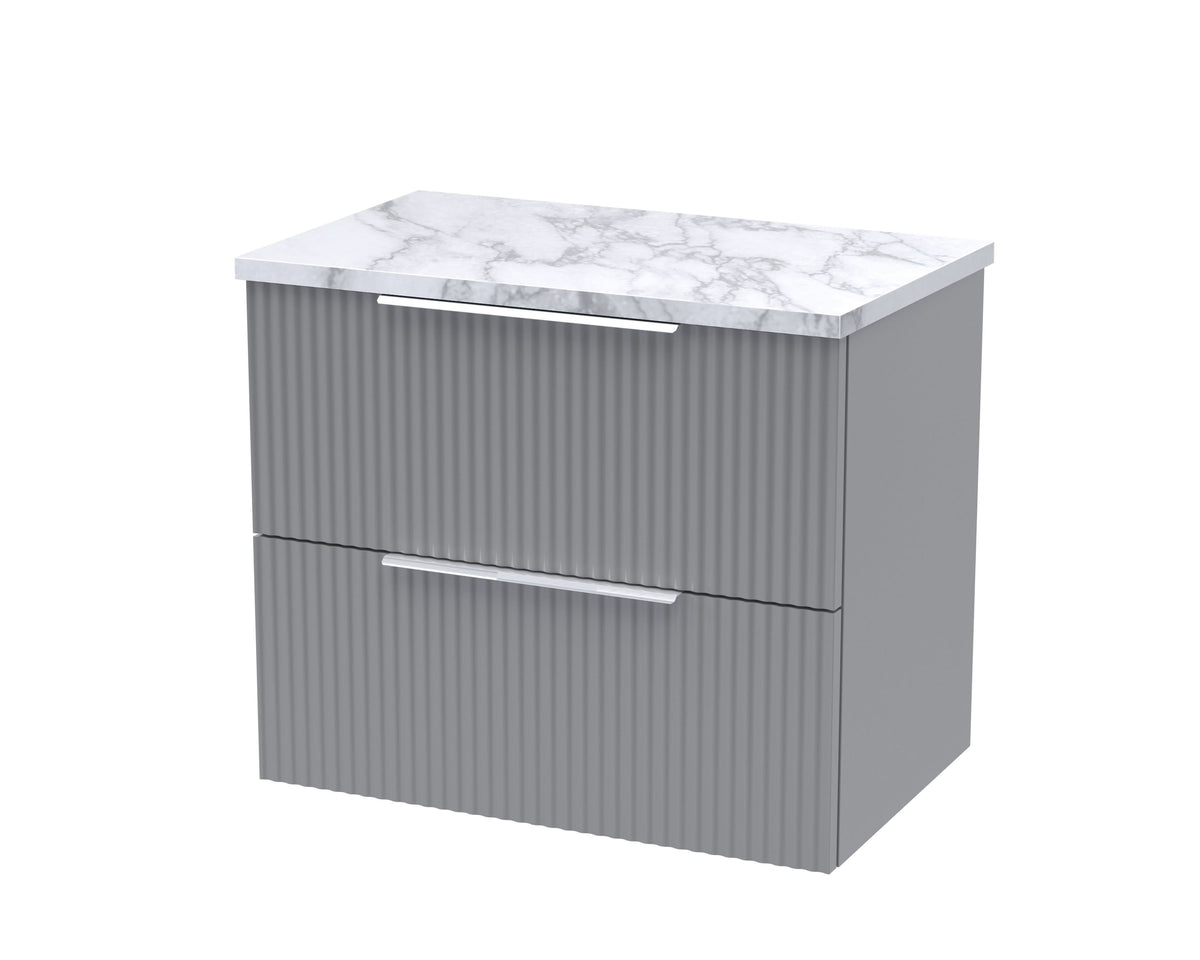 Hudson Reed Fluted Wall Hung 2-Drawer Vanity Unit & Carrera Marble Laminate Worktop, Counter Top Vanity Unit in Satin Grey, 600mm