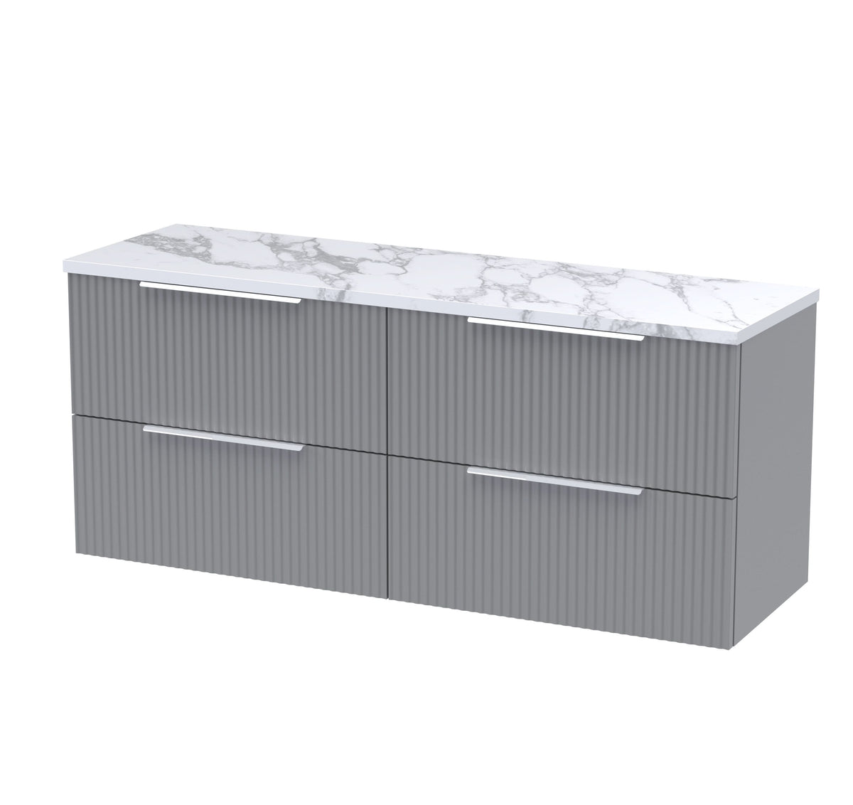 Hudson Reed Fluted Wall Hung 4-Drawer Vanity Unit & Carrera Marble Laminate Worktop, Counter Top Vanity Unit in Satin Grey, 1200mm
