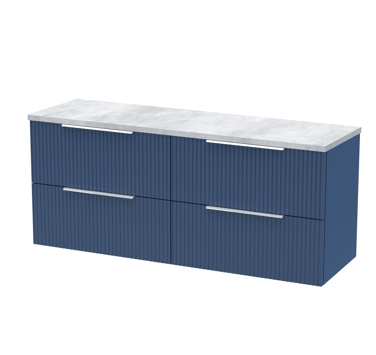 Hudson Reed Fluted Wall Hung 4-Drawer Vanity Unit & Bellato Grey Laminate Worktop, Counter Top Vanity Unit in Satin Blue, 1200mm