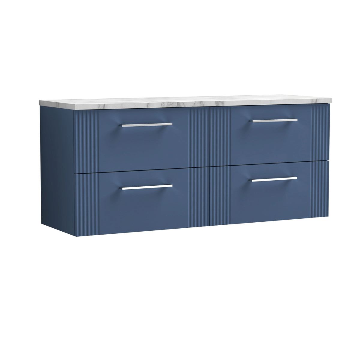 Nuie Deco Wall Hung 4-Drawer Vanity Unit & Carrera Marble Laminate Worktop, Counter Top Vanity Unit in Satin Blue, 1200mm