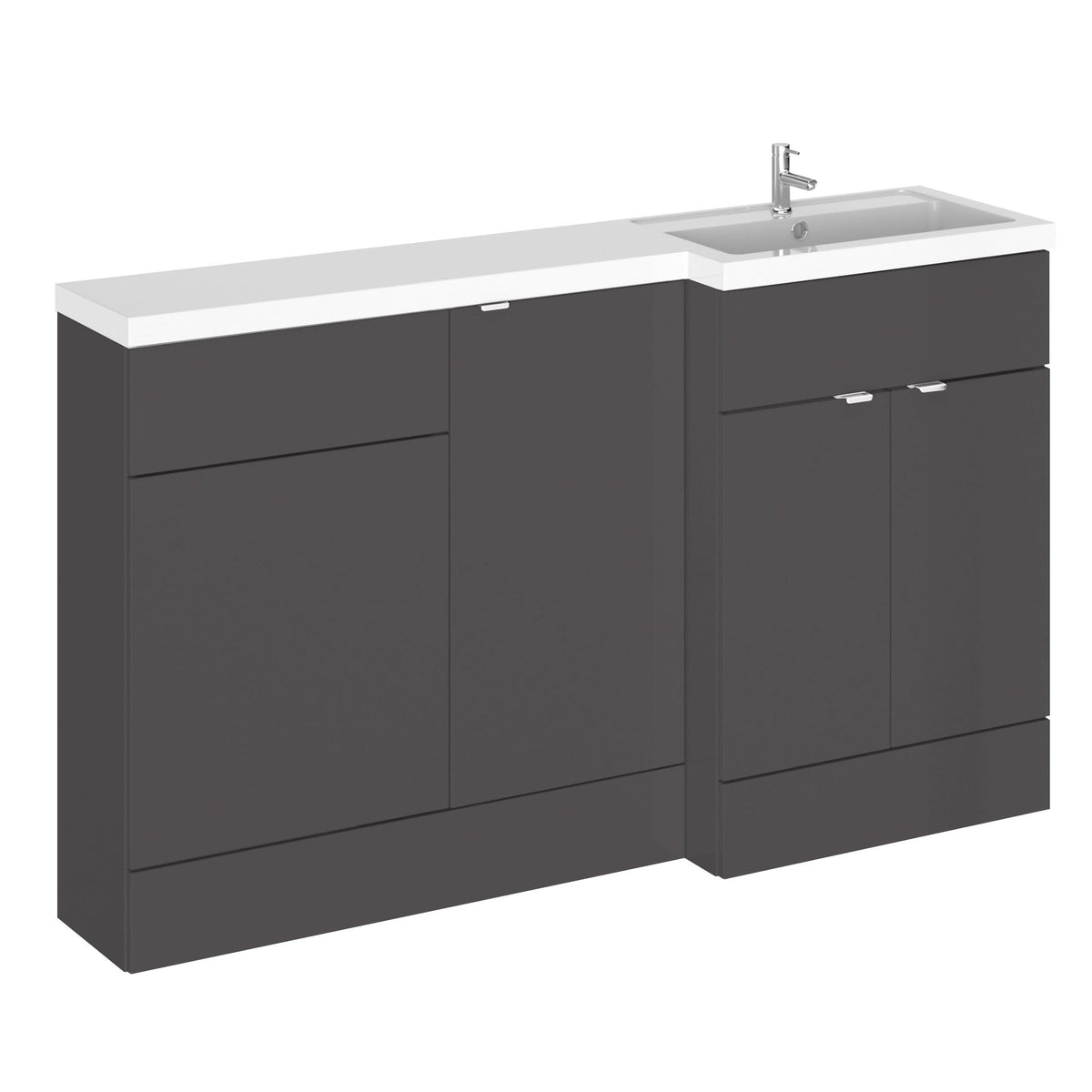 Hudson Reed Fusion Floor Standing 3 Door Vanity Basin & WC Right Hand Combination, Bathroom Storage Unit, Gloss Grey, 1500mm