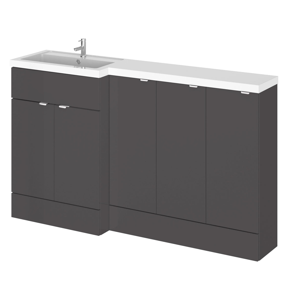 Hudson Reed Fusion Floor Standing 5 Door Vanity Basin Left Hand Combination, Stylish Bathroom Storage Unit, Gloss Grey, 1500mm