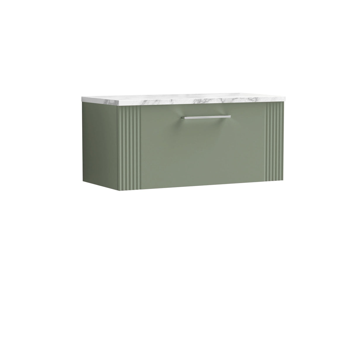 Nuie Deco Wall Hung 2-Drawer Vanity Unit & Bellato Grey Laminate Worktop, Counter Top Vanity Unit in Satin Green, 800mm