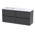 Nuie Havana Wall Hung 4-Drawer Vanity Unit & Worktop in Sparkling Black, Countertop Basin Unit, Graphite Grey Woodgrain, 1200mm