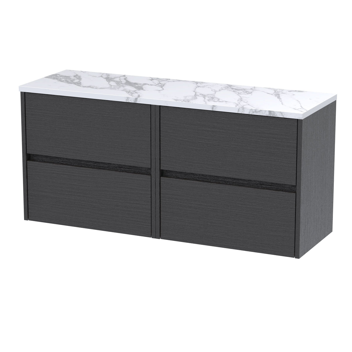 Nuie Havana Wall Hung 4-Drawer Vanity Unit & Worktop in Sparkling Black, Countertop Basin Unit, Graphite Grey Woodgrain, 1200mm