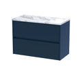 Nuie Havana Wall Hung 2-Drawer Vanity Unit & Worktop in Carrera Marble, Countertop Basin Unit in Midnight Blue, 800mm