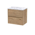 Nuie Havana Wall Hung 2-Drawer Vanity Unit & Worktop in Carrera Marble, Countertop Basin Unit in Autumn Oak, 600mm
