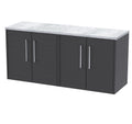 Hudson Reed Juno Wall Hung 4-Door Vanity Unit & Bellato Grey Worktop, Countertop Basin Unit in Graphite Grey Woodgrain, 1200mm