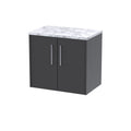 Hudson Reed Juno Wall Hung 2-Door Vanity Unit & Carrera Marble Worktop, Countertop Basin Unit in Graphite Grey Woodgrain, 600mm