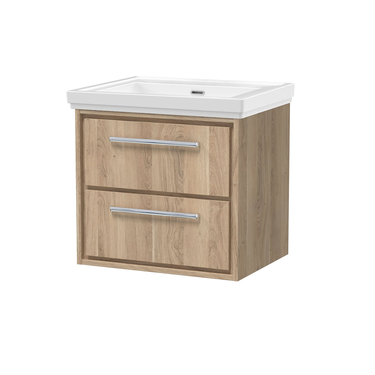 Hudson Reed Lille Wall Hung Vanity Unit with 2 Drawers and Fireclay Basin, Durable Bathroom Furniture, Bleached Oak, Contemporary Sink Vanity Unit, 600mm