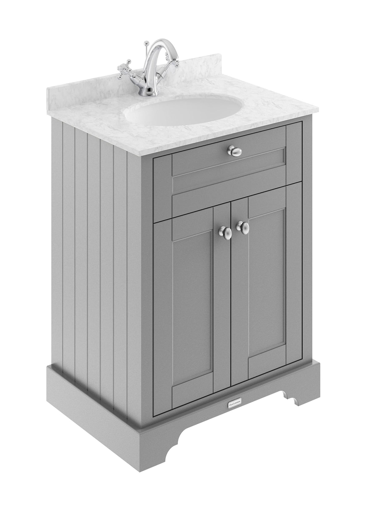 Old London Floor Standing Vanity Unit with Grey Marble Top & Basin, Traditional 2 Door Sink Vanity Unit for Bathroom Storage with 1 Tap Hole in Storm Grey, 600mm