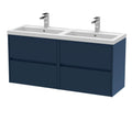 Nuie Havana Wall Hung 4-Drawer Unit & Double Polymarble Basin, Modern Sink Vanity Unit in Midnight Blue with White Basin, 1200mm