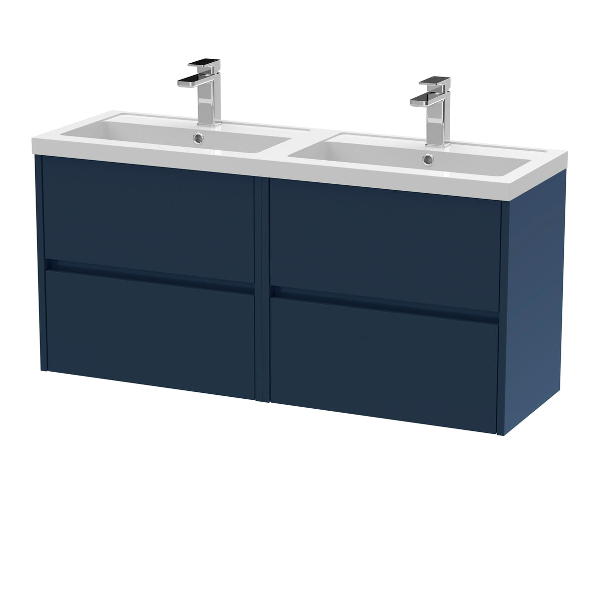 Nuie Havana Wall Hung 4-Drawer Unit & Double Polymarble Basin, Modern Sink Vanity Unit in Midnight Blue with White Basin, 1200mm