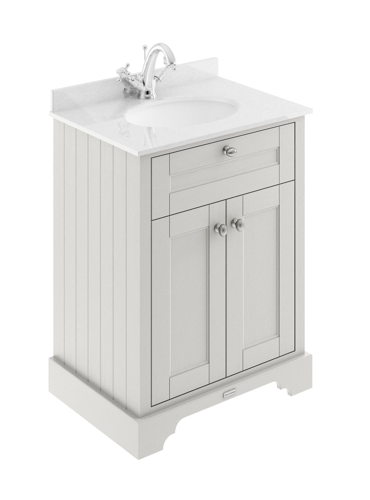 Old London Floor Standing Vanity Unit with White Marble Top & Basin, 2 Door Traditional Sink Vanity Unit for Bathroom Storage, 1 Tap Hole Design in Timeless Sand, 600mm