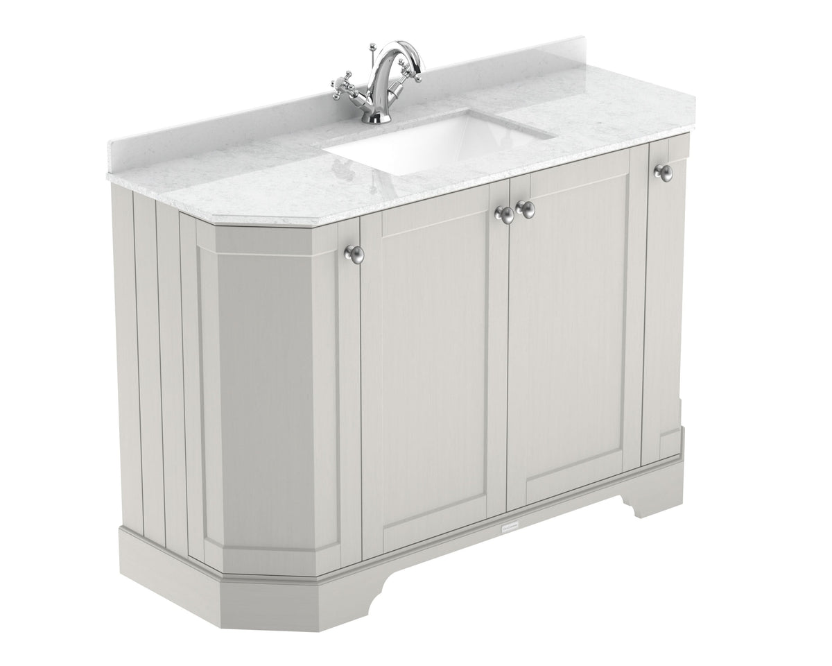 Old London Floor Standing Vanity Unit, 4 Door Sink Cabinet with White Marble Top, Soft Close Doors, Traditional Knob Handles, Bathroom Storage in Timeless Sand, 1200mm
