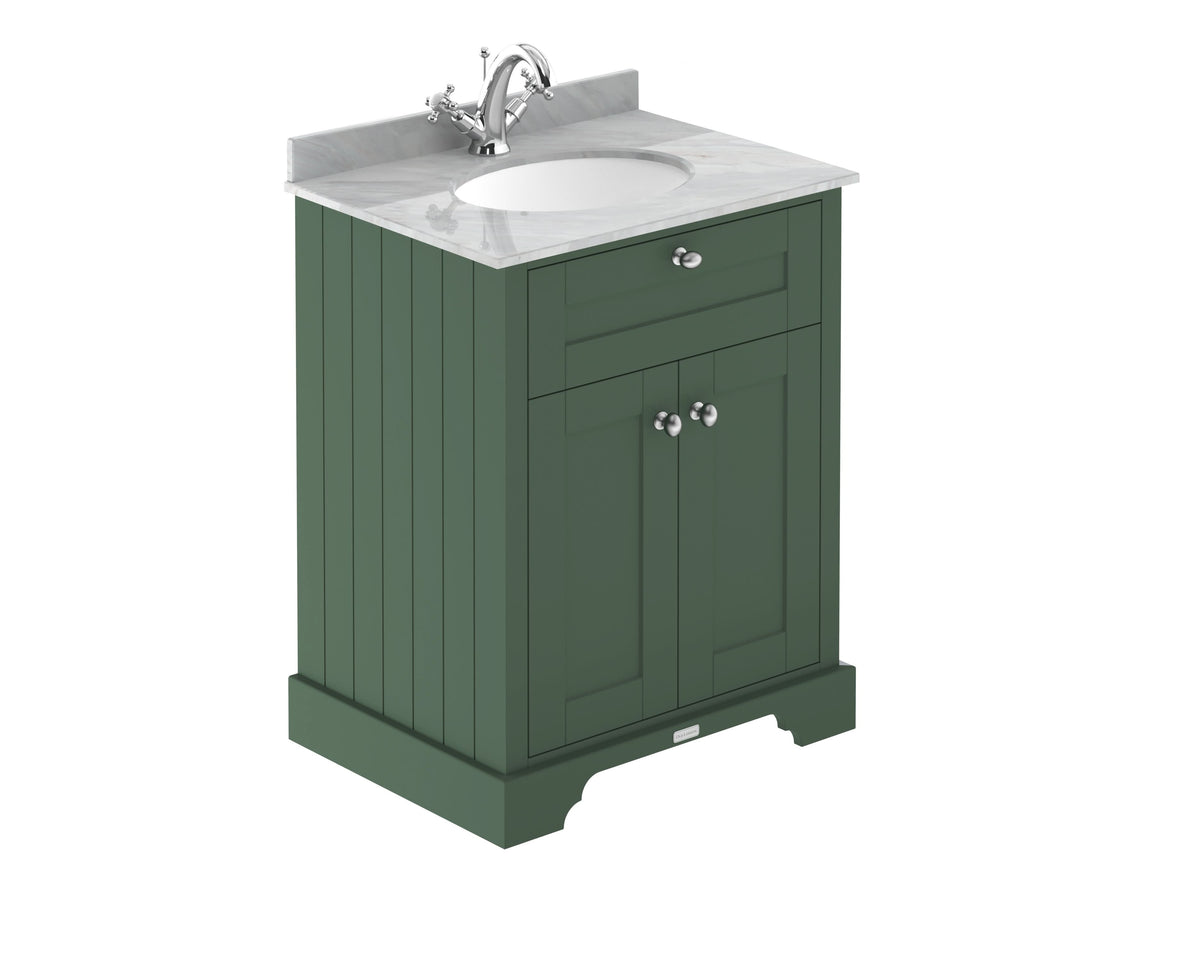 Old London Floor Standing Vanity Unit with Grey Marble Basin 1 Tap Hole, Durable 2-Door Soft Close Cabinet with Traditional Bathroom Style in Hunter Green 600mm