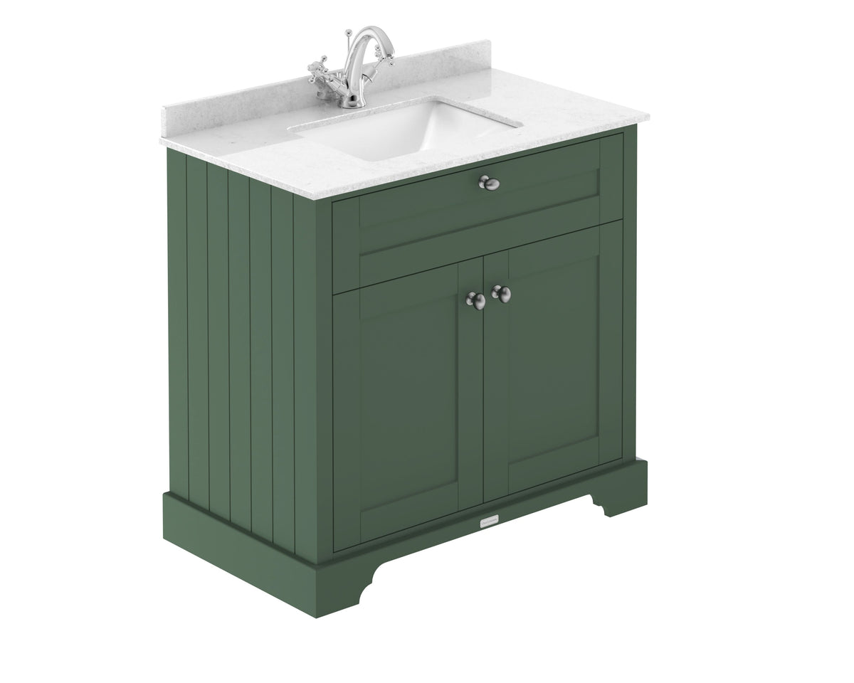 Old London Floor Standing Vanity Unit with Square Basin & White Marble Top, Durable Traditional Bathroom Sink Vanity Unit with Soft Close Doors in Hunter Green, 800mm