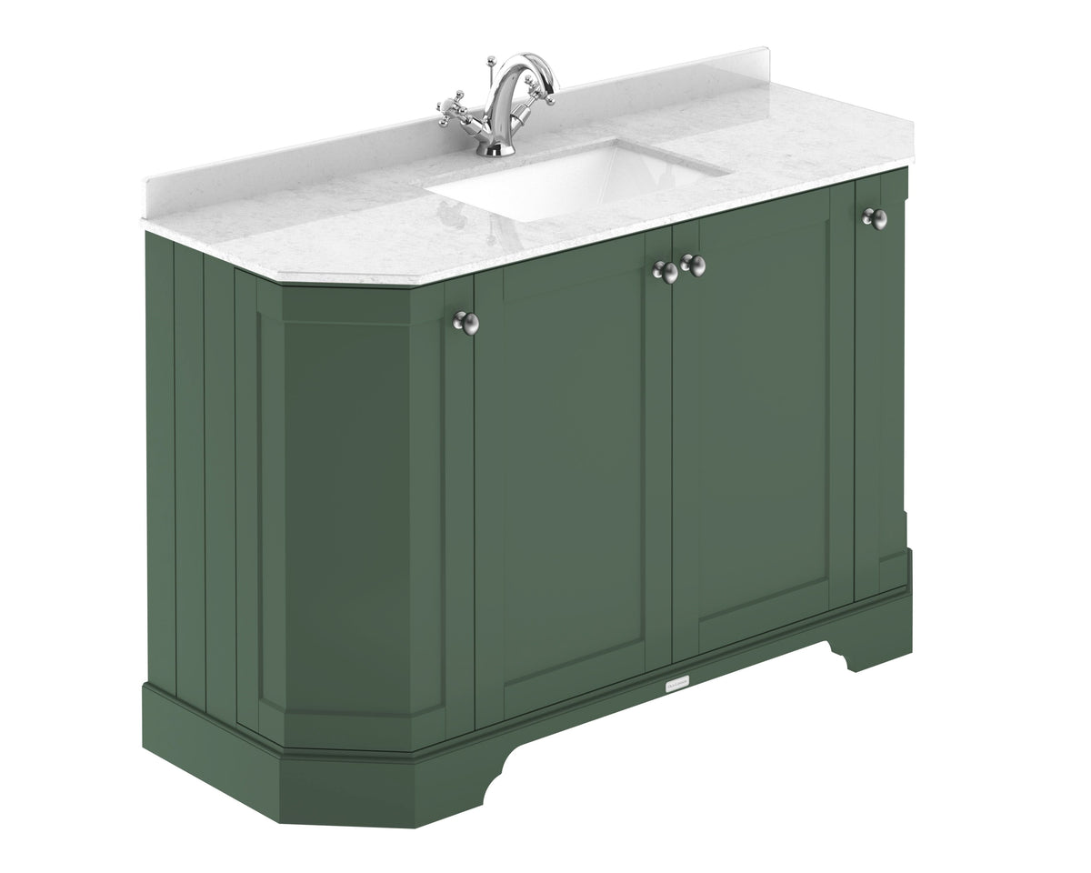 Old London Floor Standing Vanity Unit with Basin 1 Tap Hole with White Marble Top, Durable 4 Door Angled Sink Cabinet for Traditional Bathroom in Hunter Green, 1200mm