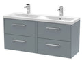 Hudson Reed Fluted Wall Hung 4-Drawer Vanity and Double Vitreous China Basin, Contemporary Sink Vanity Unit, Coastal Grey, 1200mm