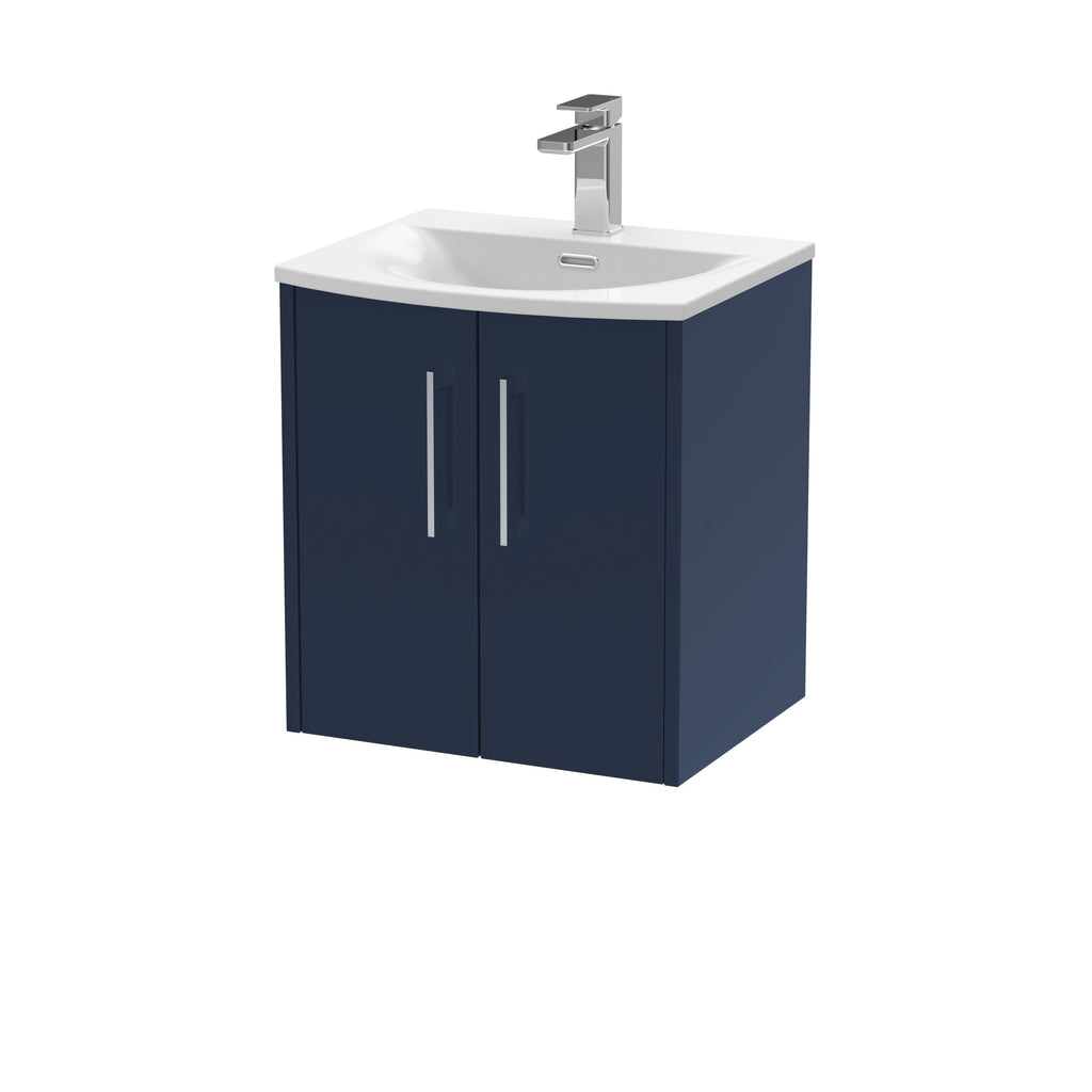 Hudson Reed Juno Wall Hung Vanity Unit with White Basin, 2-Door Cabinet with Soft Close Modern Bathroom Vanity Unit with Basin for Compact Spaces in Midnight Blue, 500mm