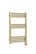Hudson Reed Electric Round Straight Towel Radiator, Designer Heated Towel Rail with Thermostatic Control in Brushed Brass, 800x500mm