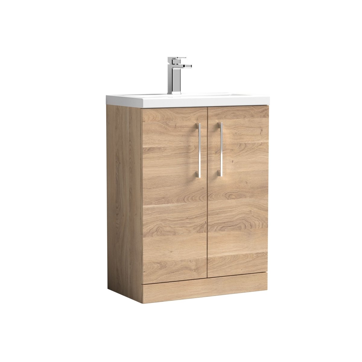 Hudson Reed Arno Compact Floor Standing 2 Door Vanity Unit with Ceramic Basin, Durable Modern Vanity Unit in Bleached Oak, 600mm