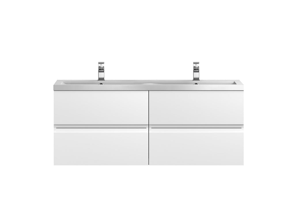 Hudson Reed Urban Wall Hung 4 Drawer Vanity Unit with Double Ceramic Basin, Modern Bathroom Furniture in Satin White, 1200mm