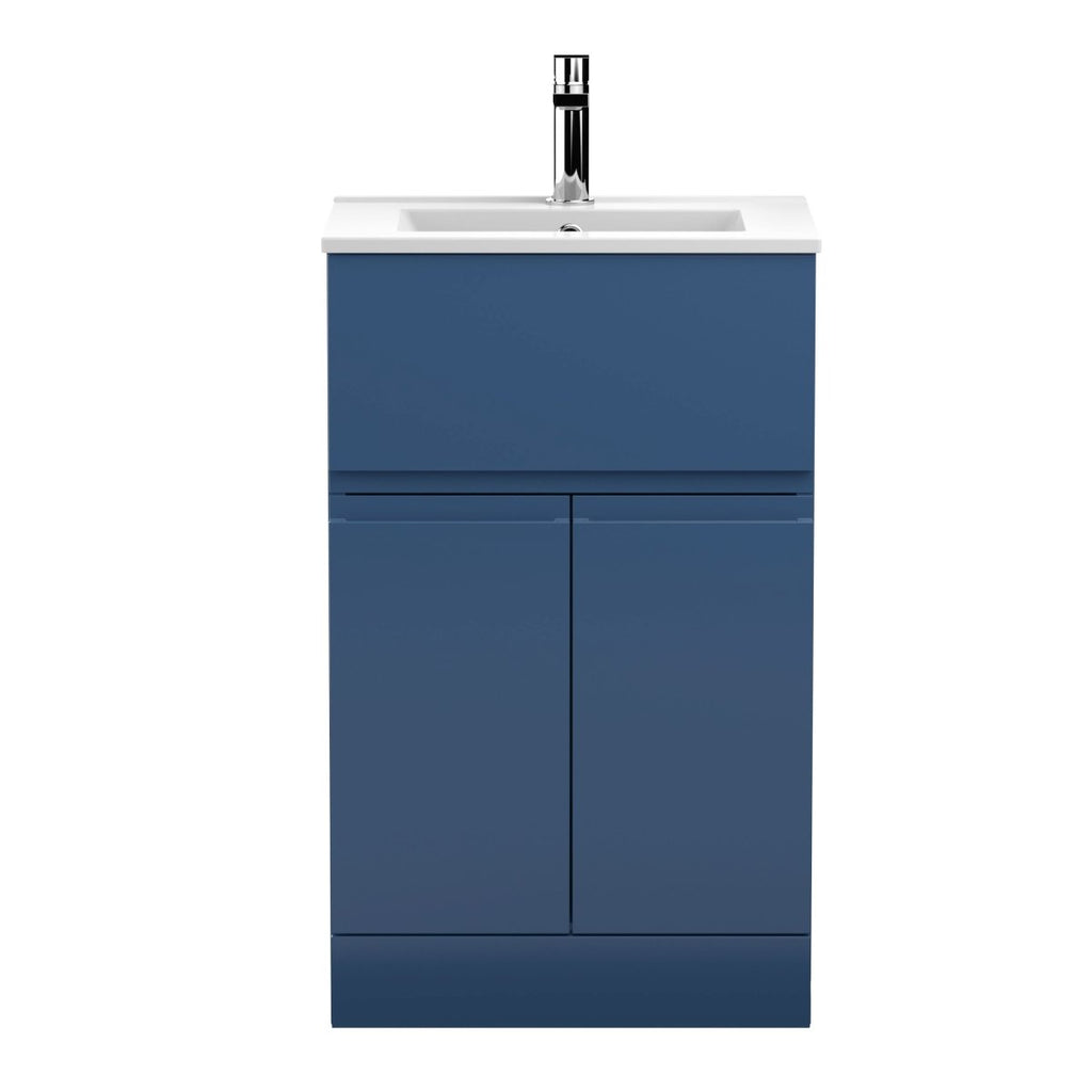 Hudson Reed Urban Floor Standing 2 Door 1 Drawer Vanity Unit with Minimalist Basin, Modern Vanity Unit in Satin Blue, 500mm