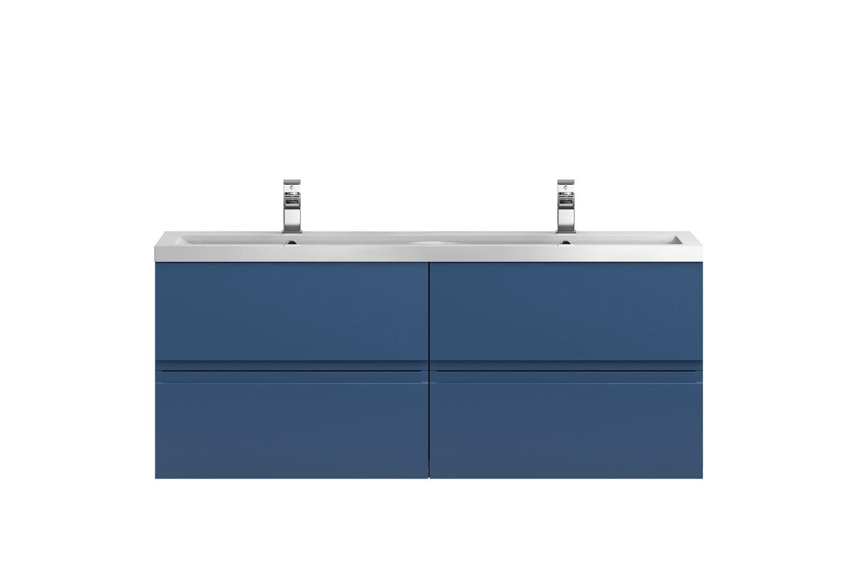 Hudson Reed Urban Wall Hung 4 Drawer Vanity Unit with Double Ceramic Basin, Modern Bathroom Furniture in Satin Blue, 1200mm