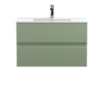 Hudson Reed Urban Wall Hung 2 Drawer Vanity Unit with Minimalist Ceramic Basin, Modern Bathroom Furniture in Satin Green, 800mm