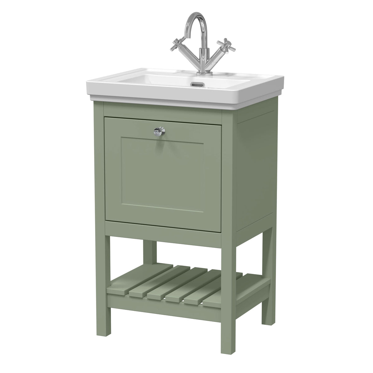 Old London Bexley Floor Standing 1 Drawer Vanity & 1 Tap Hole Fireclay Basin, Stylish Vanity Unit with Basin, Fern Green, 500mm