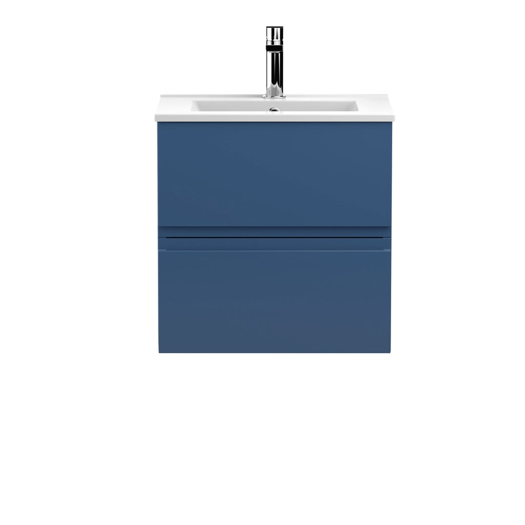 Hudson Reed Urban Wall Hung 2 Drawer Vanity Unit with Minimalist Ceramic Basin, Modern Bathroom Furniture in Satin Blue, 500mm