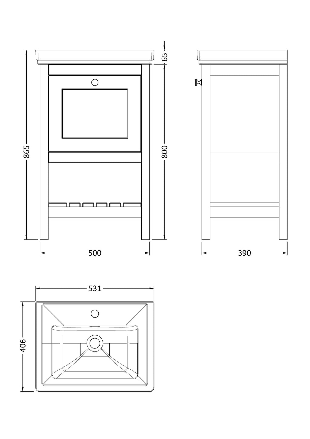 Old London Bexley Floor Standing 1 Drawer Vanity & 1 Tap Hole Fireclay Basin, Stylish Vanity Unit with Basin, Pure White, 500mm