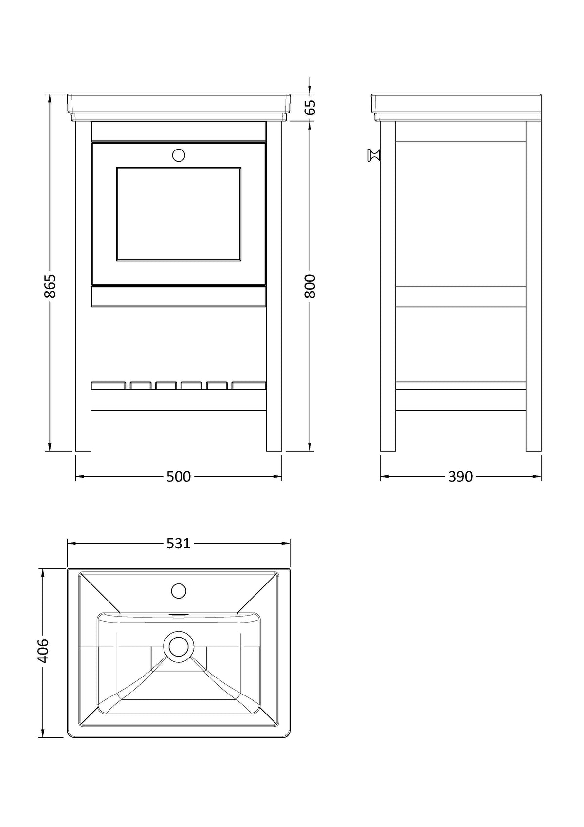 Old London Bexley Floor Standing 1 Drawer Vanity & 1 Tap Hole Fireclay Basin, Stylish Vanity Unit with Basin, Pure White, 500mm