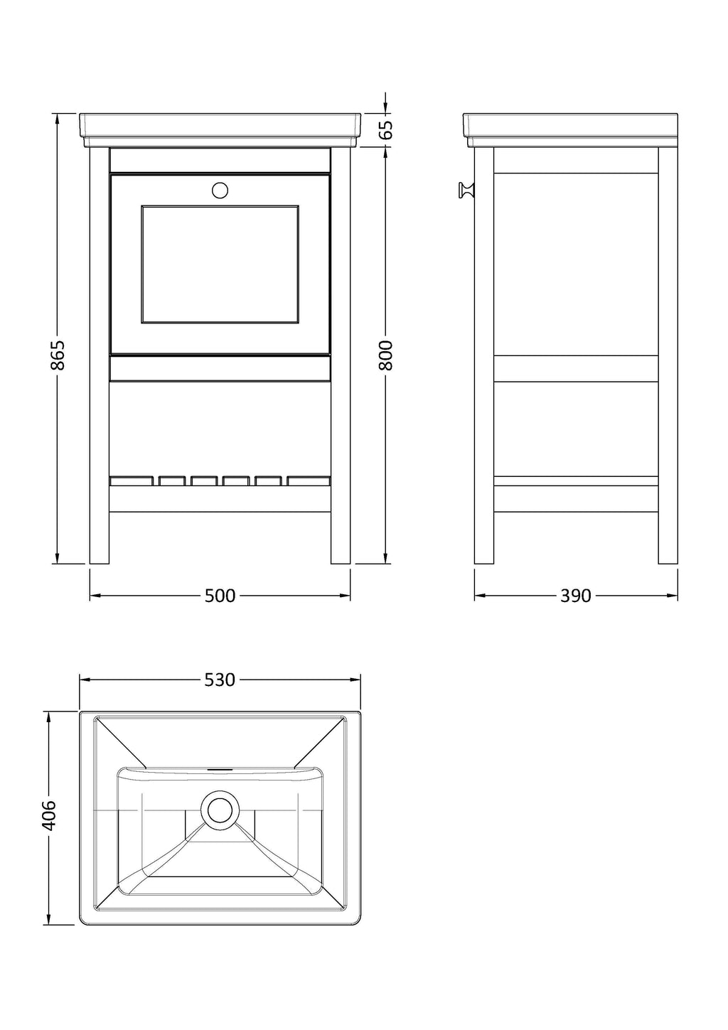 Old London Bexley Floor Standing 1 Drawer Vanity without Tap Hole Fireclay Basin, Stylish Vanity Unit with Basin, Pure White, 500mm