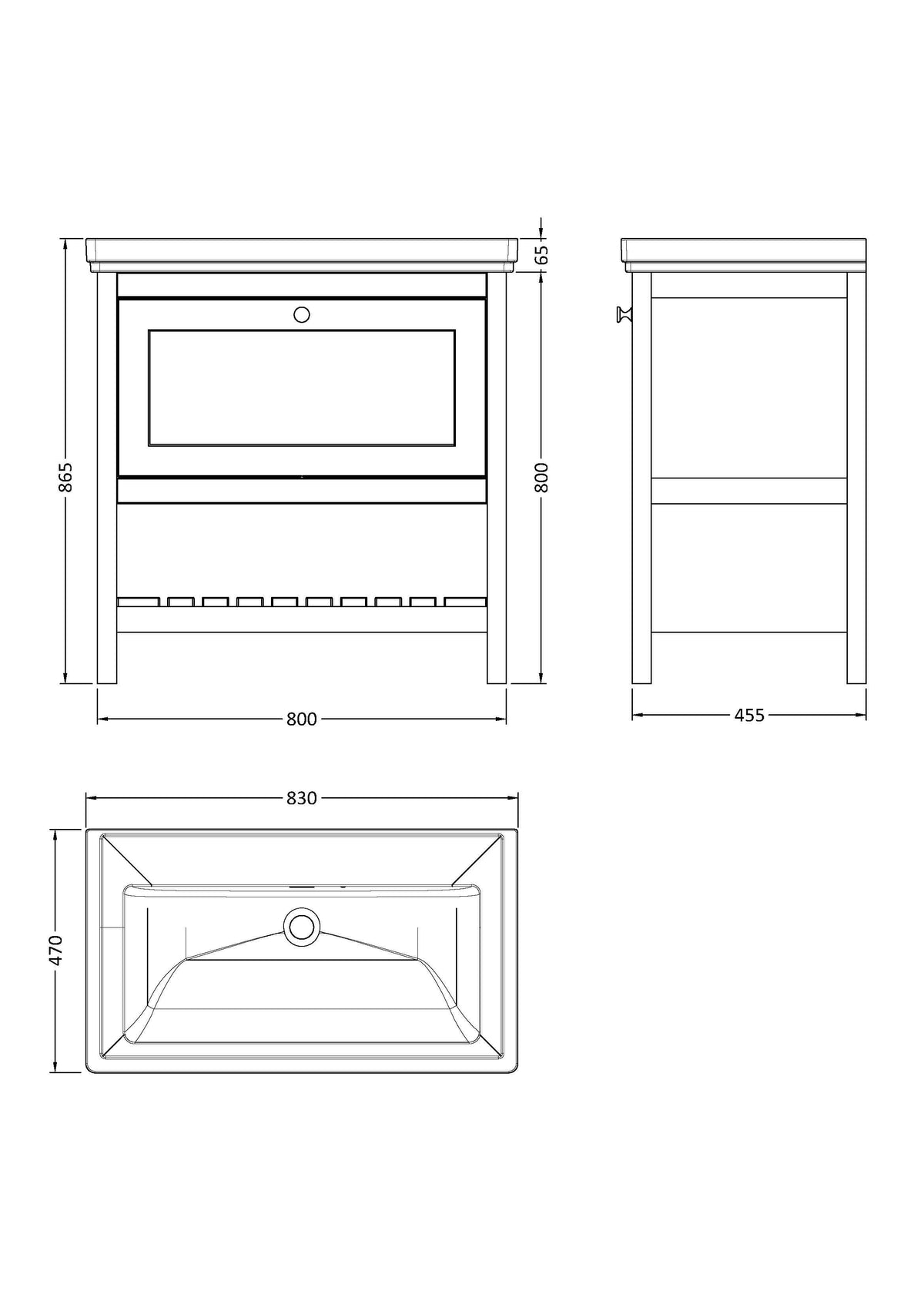 Old London Bexley Floor Standing 1 Drawer Vanity without Tap Hole Fireclay Basin, Stylish Vanity Unit with Basin, Pure White, 800mm
