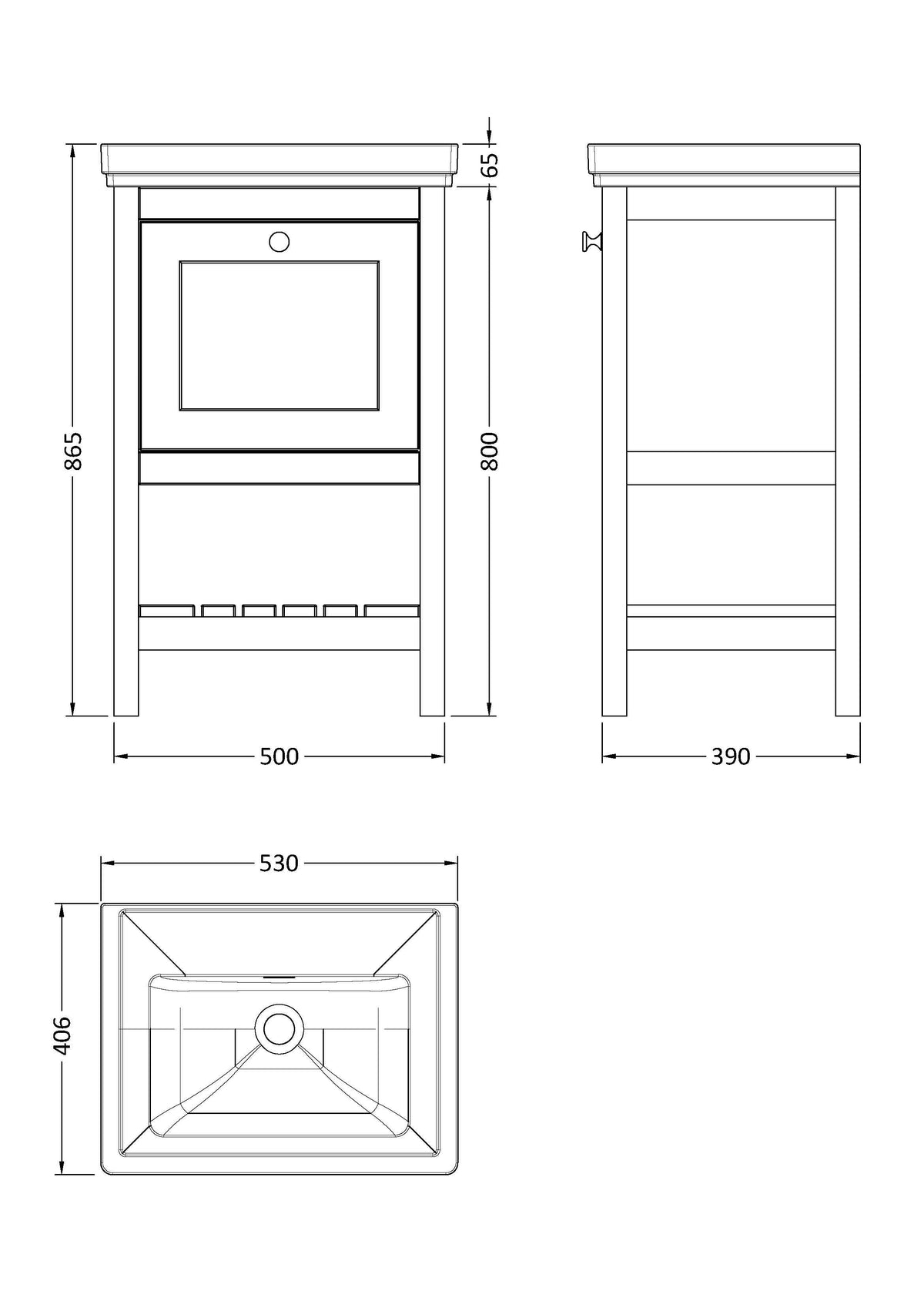 Old London Bexley Floor Standing 1 Drawer Vanity without Tap Hole Fireclay Basin, Stylish Vanity Unit with Basin, Cool Grey, 500mm