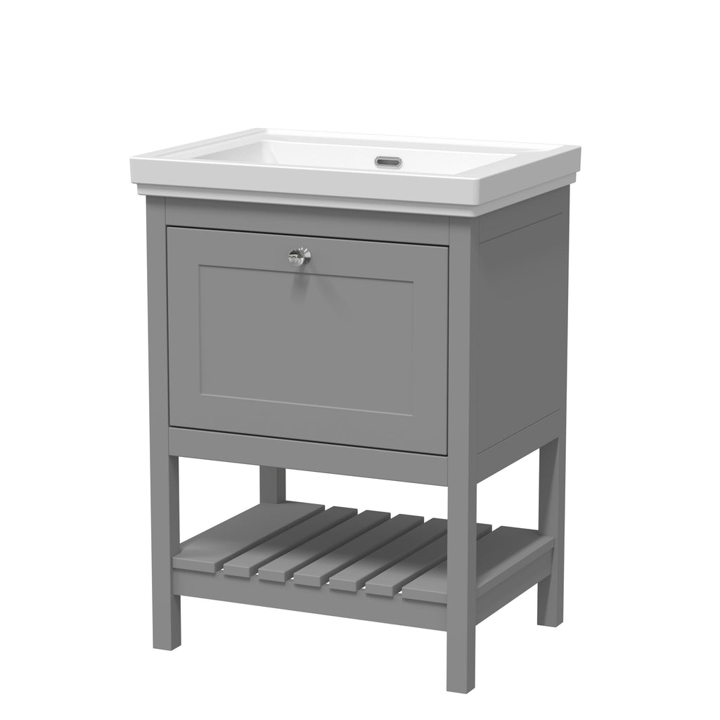 Old London Bexley Floor Standing 1 Drawer Vanity without Tap Hole Fireclay Basin, Stylish Vanity Unit with Basin, Cool Grey, 600mm